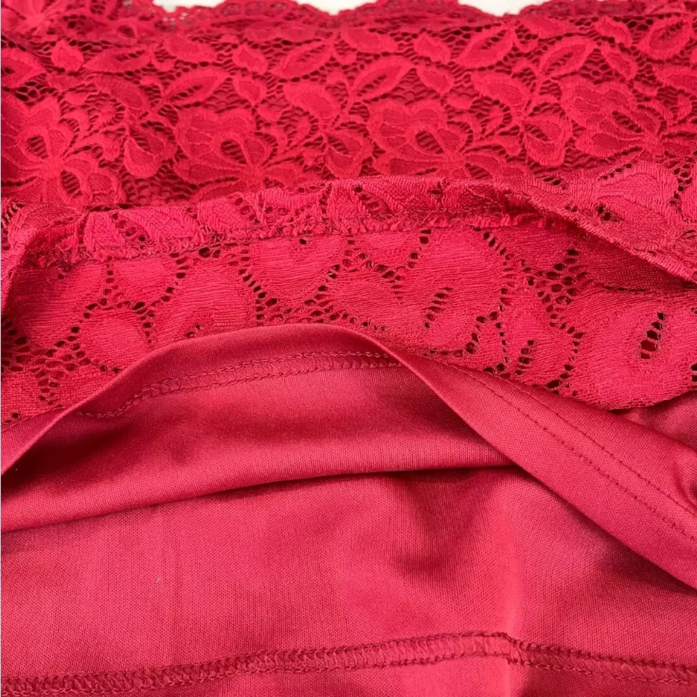 ACEVOG size XL red lace off shoulder midi dress lined with stretch 3/4 sleeve - Picture 10 of 14